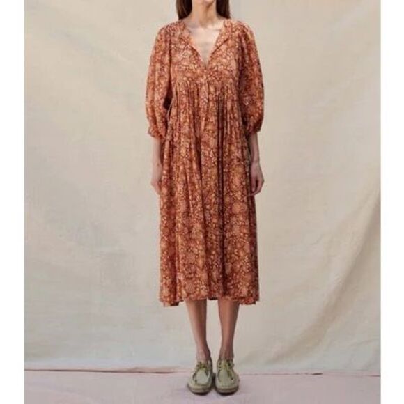NWT Sundry Midi Dress Brown Orange Floral Cotton Boho Oversized Puff Sleeve S 1 - Picture 7 of 15